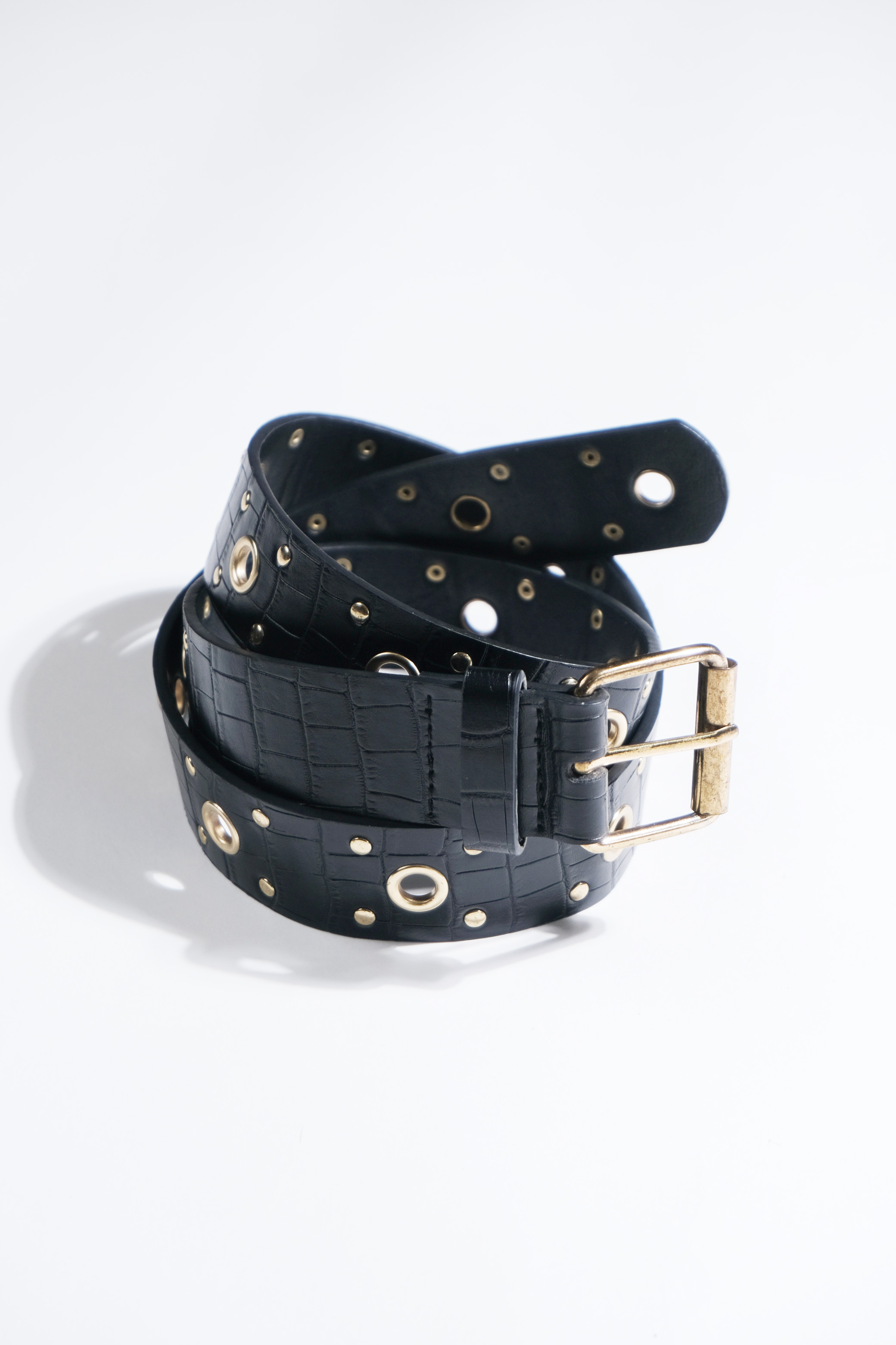 Black textured belt with gold-tone eyelets and buckle